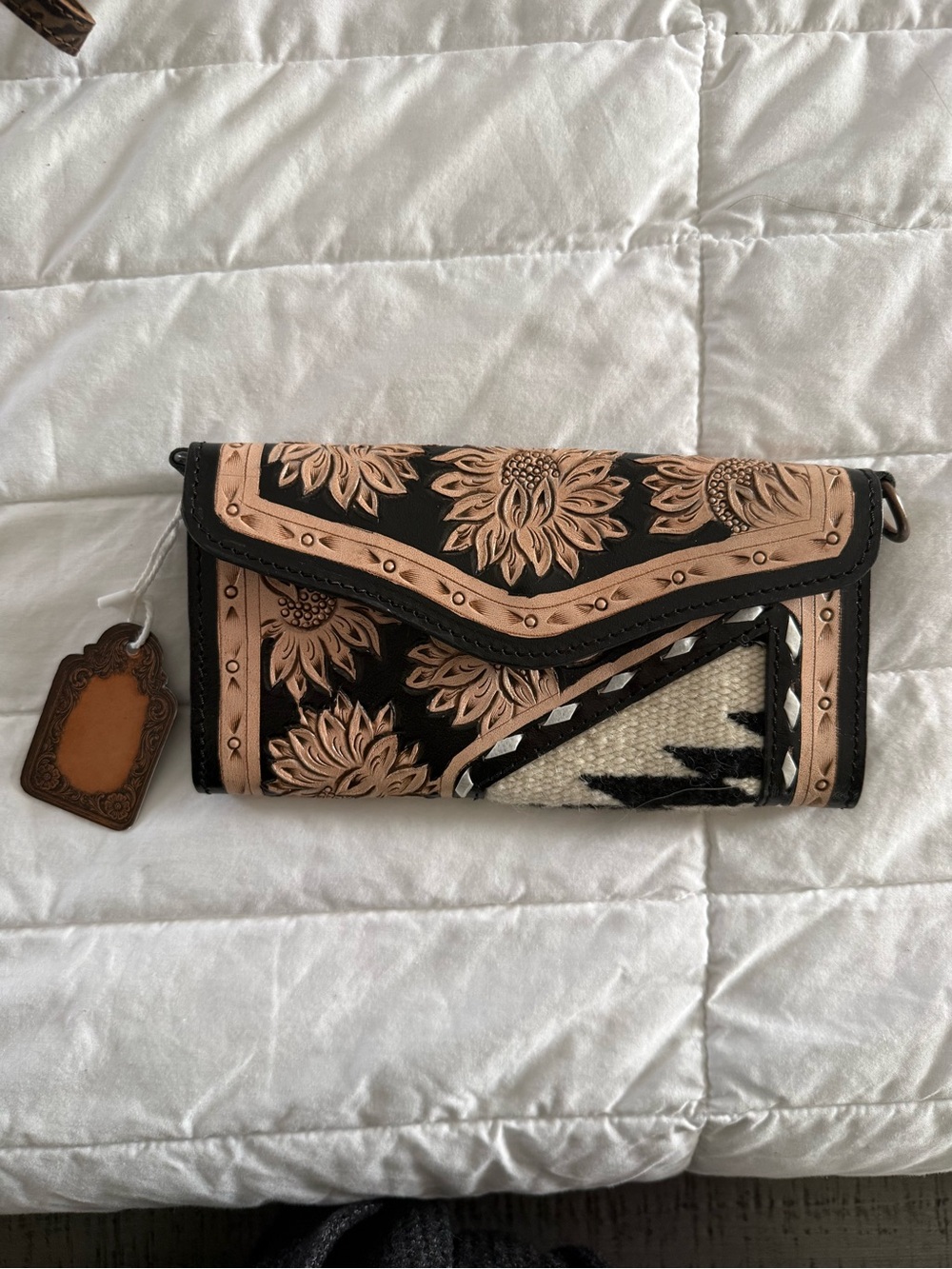 Leather Floral Embossed Foldover Wallet Clutch in Black and Tan